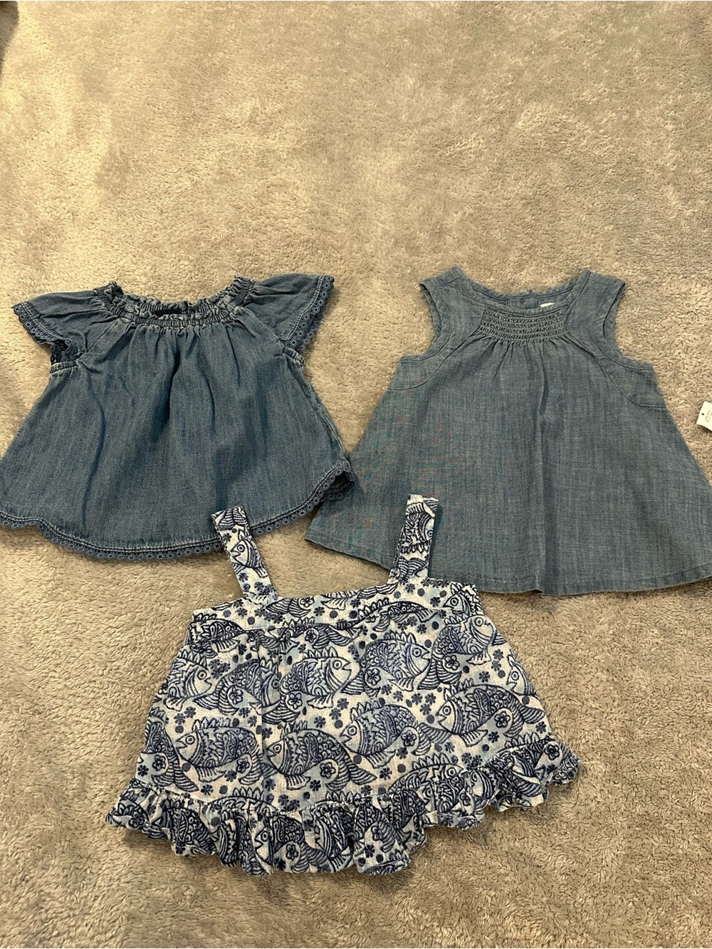 GAP Girls' Blue Denim Tops & Navy Fish-Print Tank Top